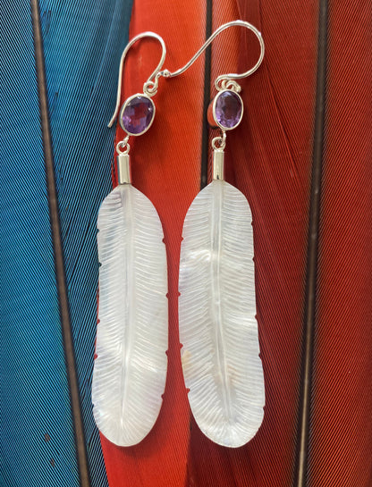 Feather Amethyst Silver Earrings