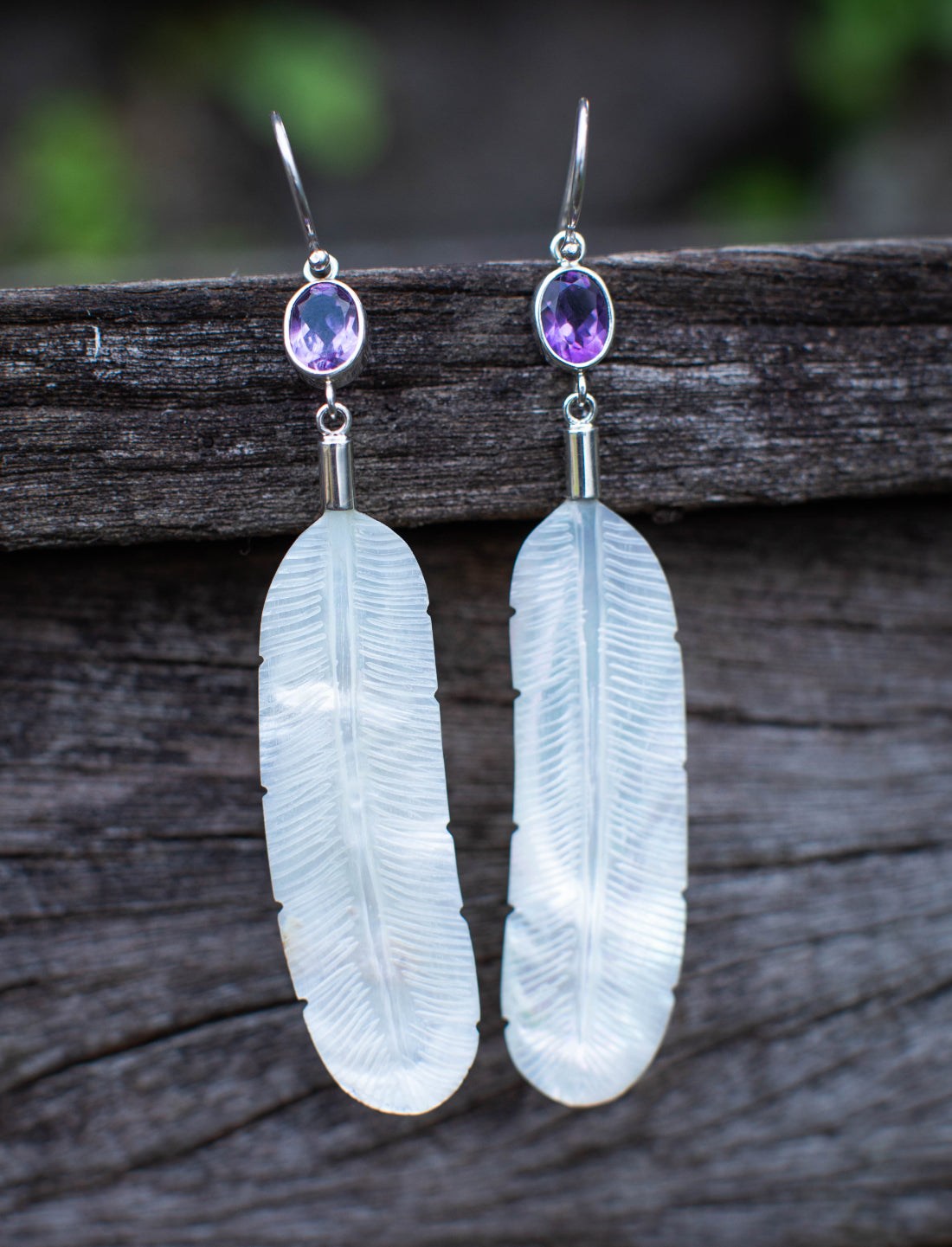 Feather Amethyst Silver Earrings