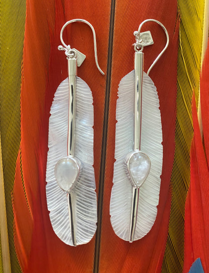 Feather Moonstone Earrings Silver