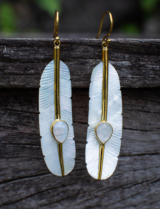 Feather Moonstone Earrings Silver