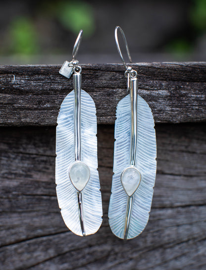 Feather Moonstone Earrings Silver