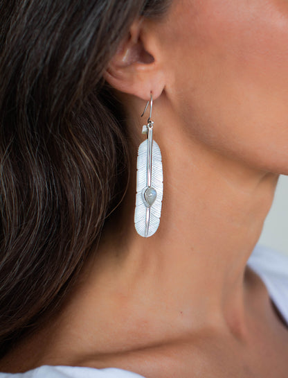 Feather Moonstone Earrings Silver