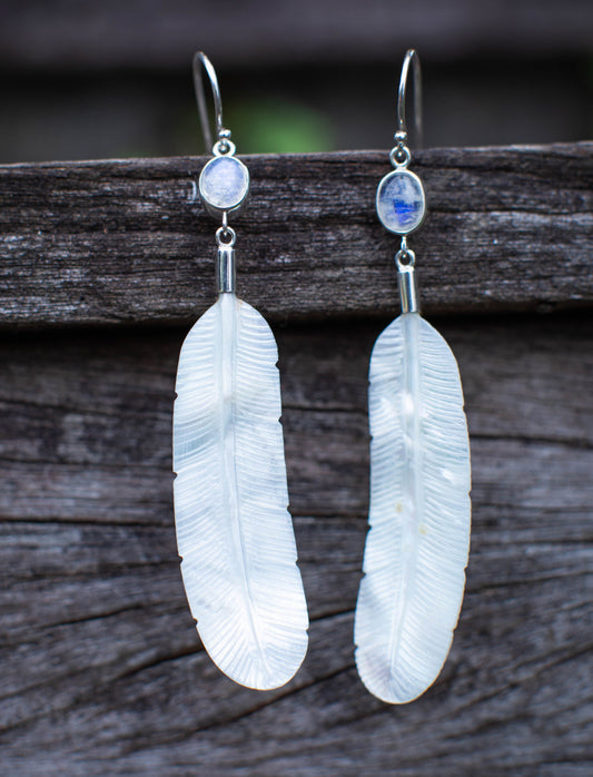 Feather Moonstone Silver Earrings