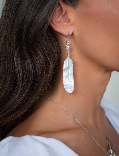 Feather Moonstone Silver Earrings