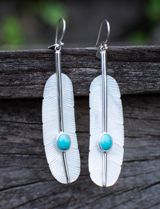 Feather Turquoise Silver Earrings