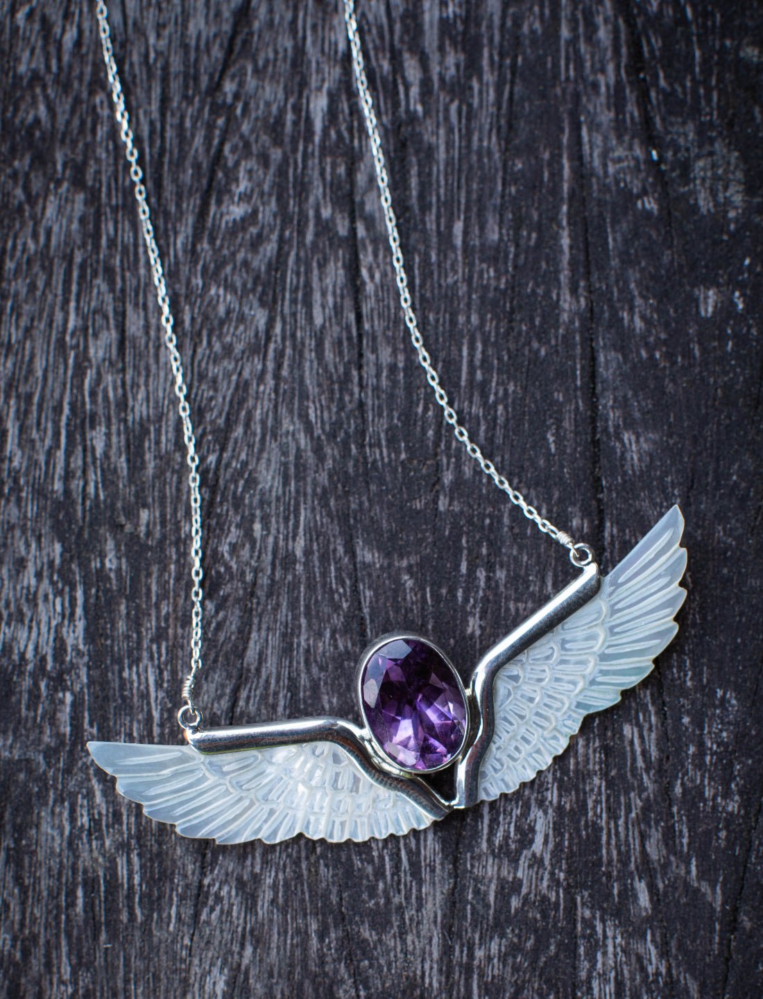 Amethyst Mother of Pearl Wings Necklace - Earth Wisdom Collection