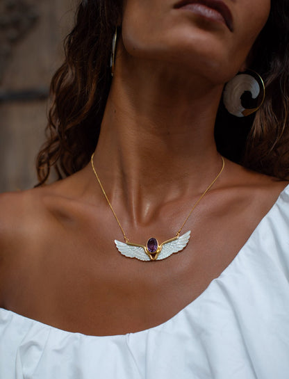 Amethyst Mother of Pearl Wings Necklace - Earth Wisdom Collection