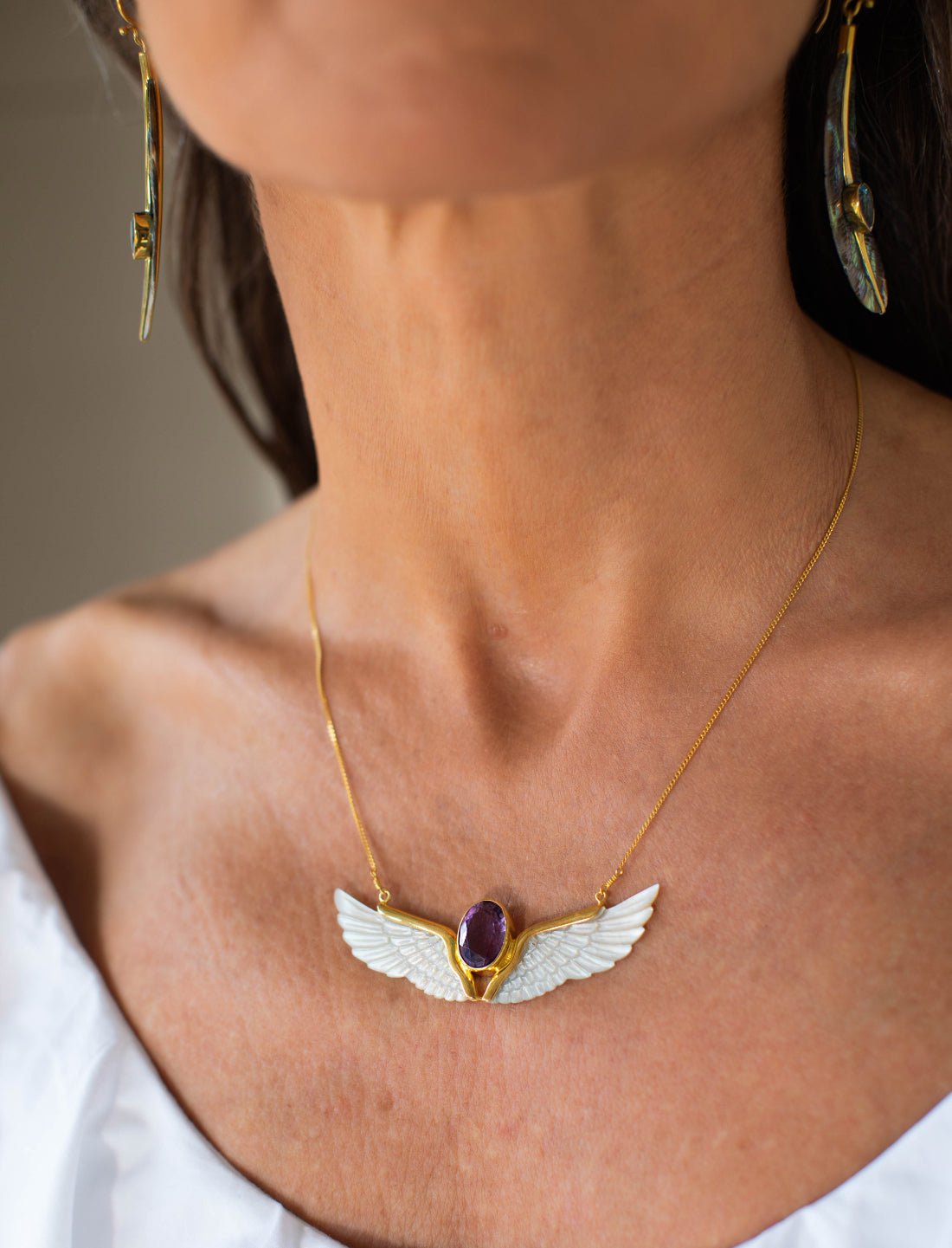 Amethyst Mother of Pearl Wings Necklace - Earth Wisdom Collection