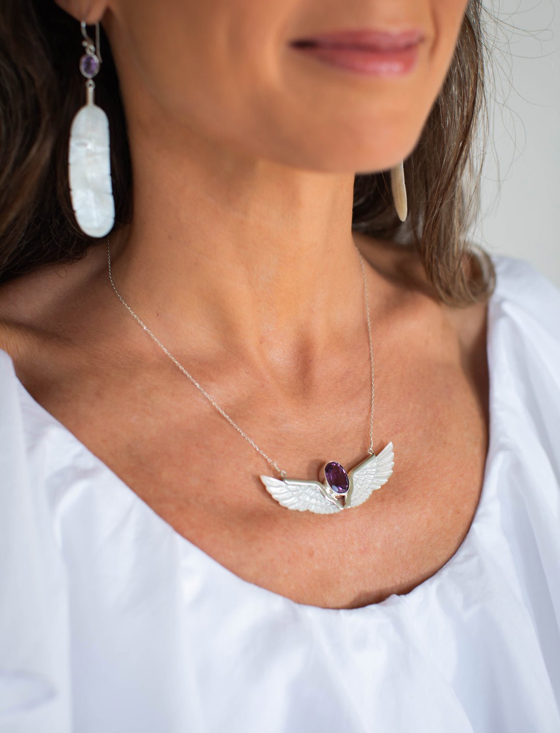 Amethyst Mother of Pearl Wings Necklace - Earth Wisdom Collection