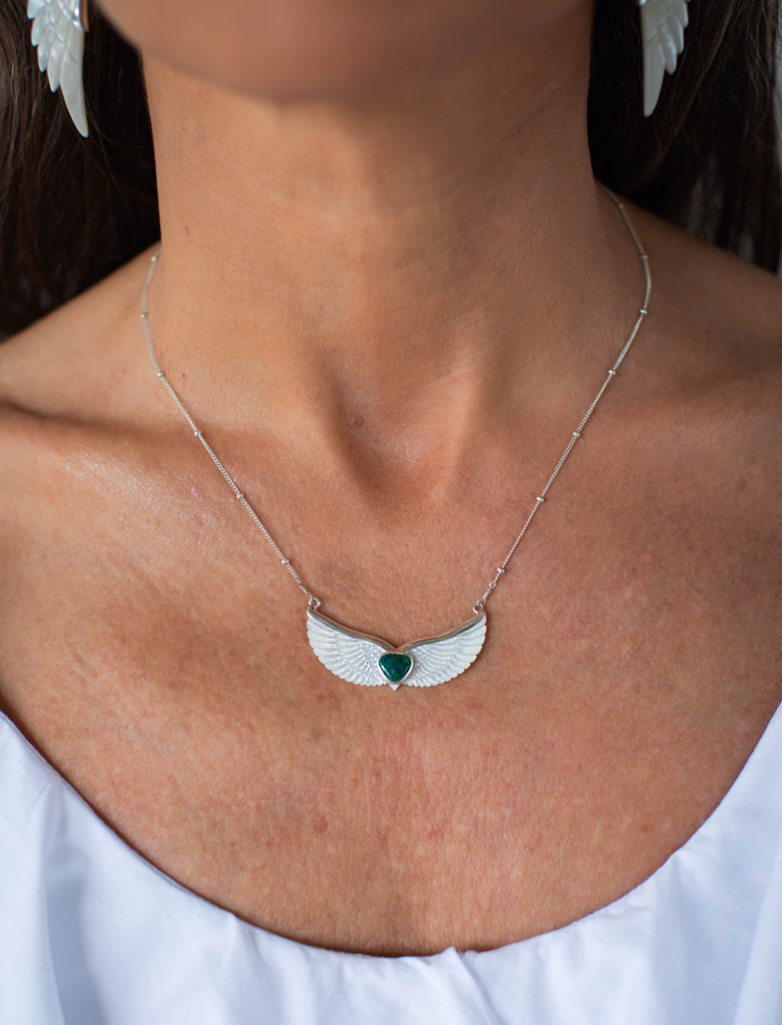 Chrysocolla Mother of Pearl Wings Necklace - Earth Wisdom Collection