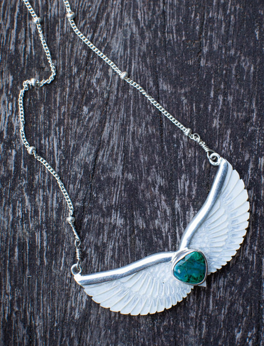 Chrysocolla Mother of Pearl Wings Necklace - Earth Wisdom Collection