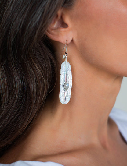 Feather Moonstone Earrings Silver - Earth Wisdom Collection