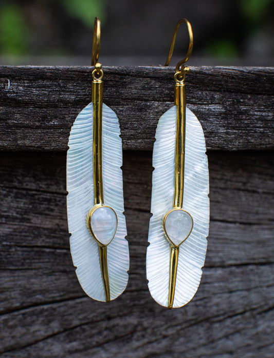 Feather Moonstone Earrings Silver - Earth Wisdom Collection