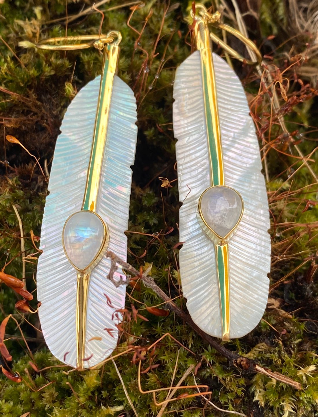 Feather Moonstone Earrings Silver - Earth Wisdom Collection