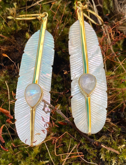 Feather Moonstone Earrings Silver - Earth Wisdom Collection