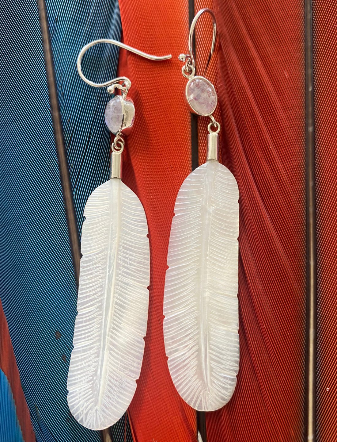 Feather Moonstone Silver Earrings - Earth Wisdom Collection