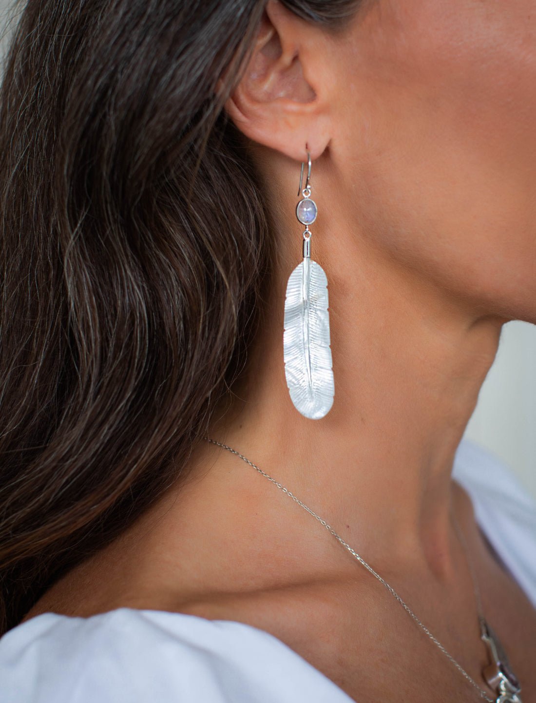 Feather Moonstone Silver Earrings - Earth Wisdom Collection