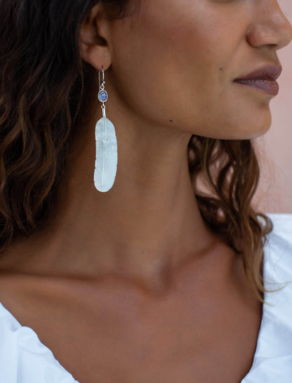 Feather Moonstone Silver Earrings - Earth Wisdom Collection